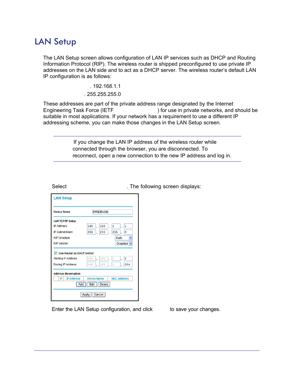 Lan setup | NETGEAR N750 Wireless Dual Band Gigabit Router WNDR4000 User Manual | Page 71 / 104