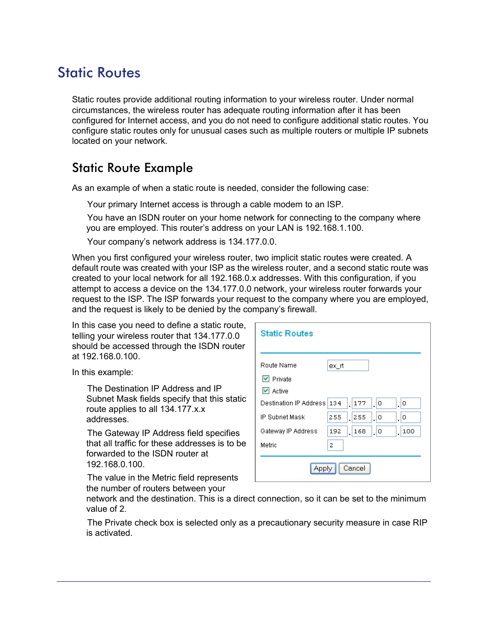 Static routes, Static route example | NETGEAR N750 Wireless Dual Band Gigabit Router WNDR4000 User Manual | Page 78 / 104