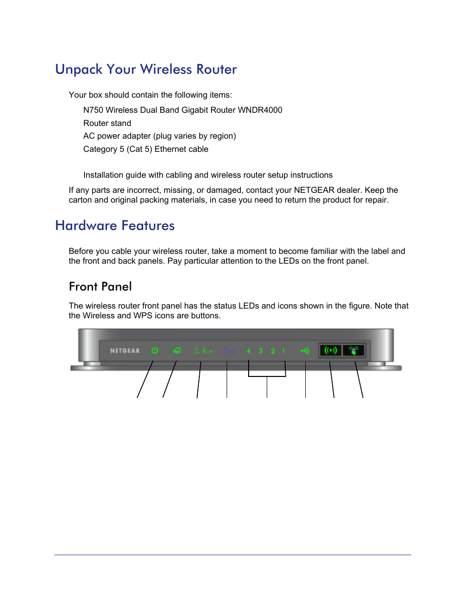 Unpack your wireless router, Hardware features, Front panel | Unpack your wireless router hardware features | NETGEAR N750 Wireless Dual Band Gigabit Router WNDR4000 User Manual | Page 8 / 104