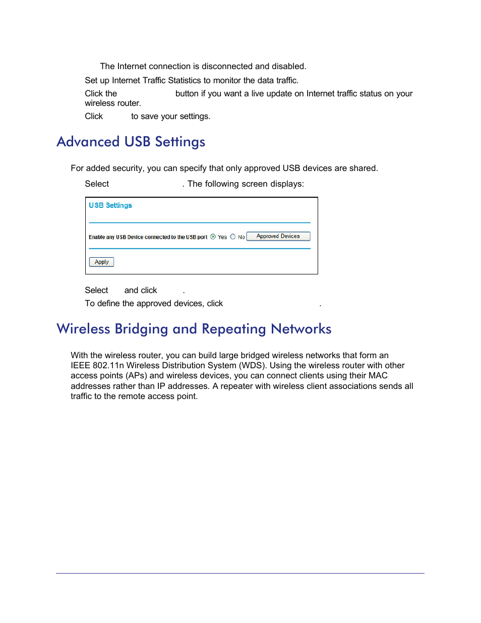 Advanced usb settings, Wireless bridging and repeating networks | NETGEAR N750 Wireless Dual Band Gigabit Router WNDR4000 User Manual | Page 83 / 104