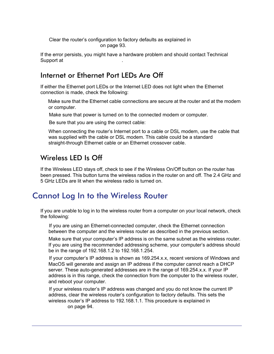Internet or ethernet port leds are off, Wireless led is off, Cannot log in to the wireless router | NETGEAR N750 Wireless Dual Band Gigabit Router WNDR4000 User Manual | Page 90 / 104