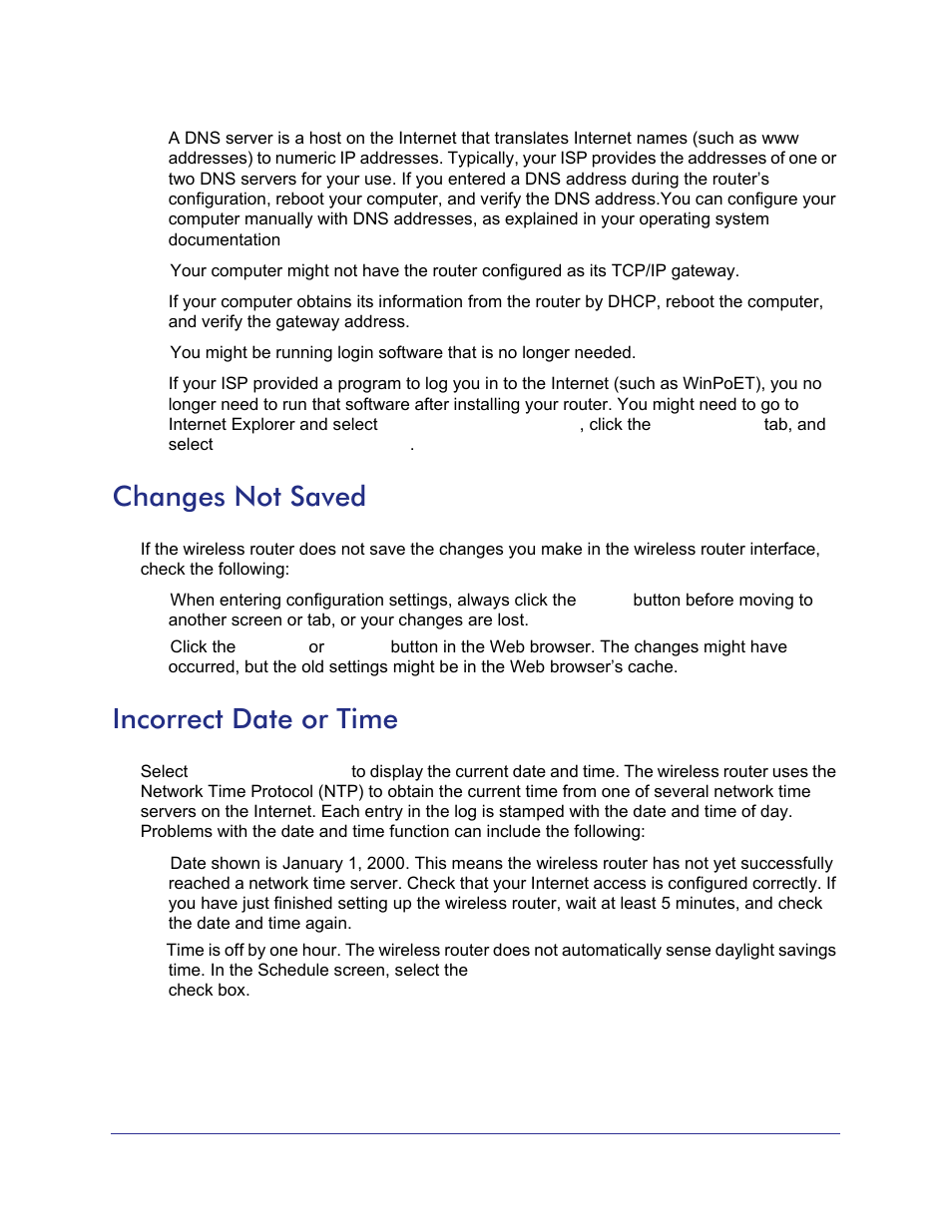 Changes not saved, Incorrect date or time, Follow the prompts to correct the problem, or see | Incorrect date or, Time, 92 for a description of the steps | NETGEAR N750 Wireless Dual Band Gigabit Router WNDR4000 User Manual | Page 92 / 104