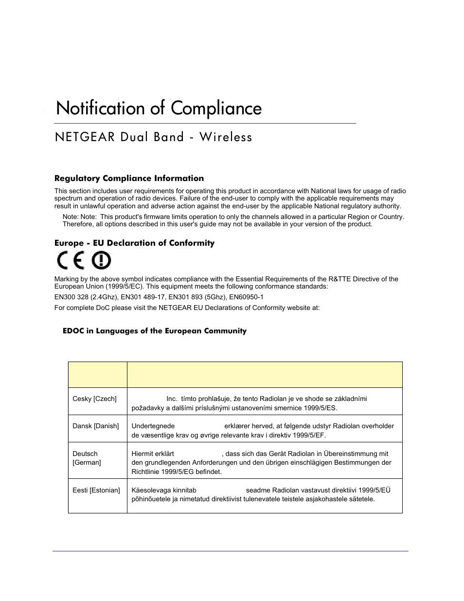 B. notification of compliance, Appendix b, Notification of compliance | Netgear dual band - wireless | NETGEAR N750 Wireless Dual Band Gigabit Router WNDR4000 User Manual | Page 97 / 104