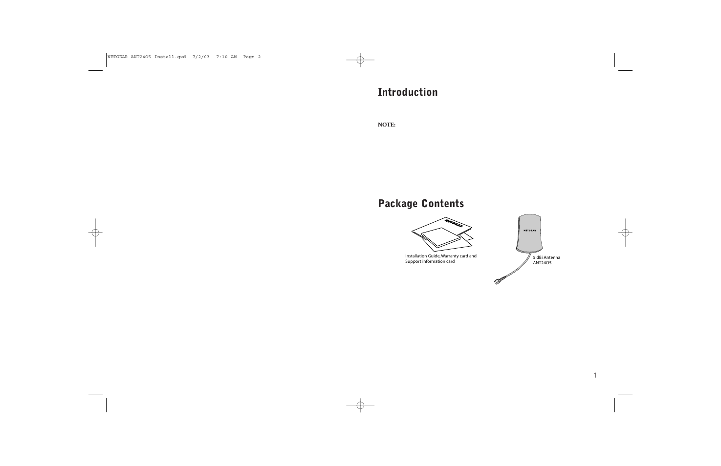 Introduction, Package contents | NETGEAR ANT2405 User Manual | Page 2 / 7