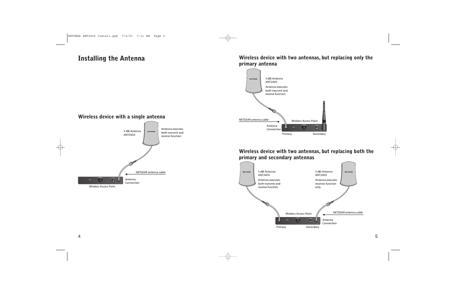 Installing the antenna, Wireless device with a single antenna | NETGEAR ANT2405 User Manual | Page 4 / 7