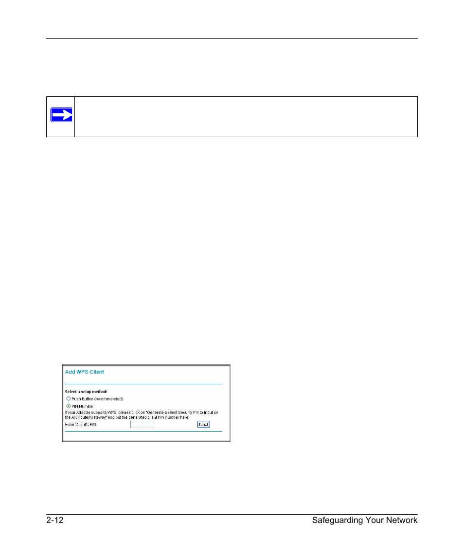 Using pin entry to add a wps client, Using pin entry to add a wps client -12, Pin method, see | Using pin entry to add a | NETGEAR DGND3300 User Manual | Page 36 / 118