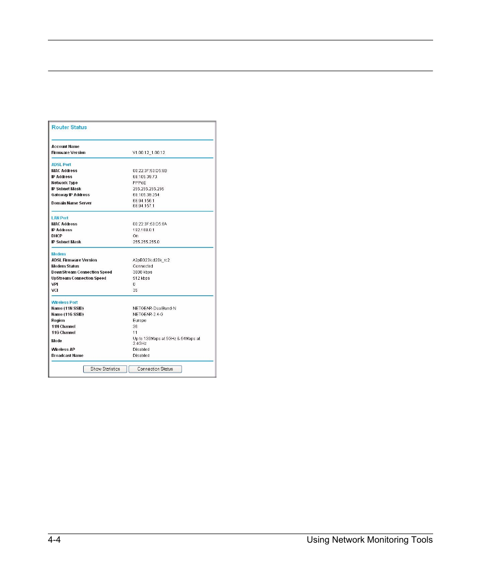 Viewing modem router status information, Viewing modem router status information -4 | NETGEAR DGND3300 User Manual | Page 60 / 118