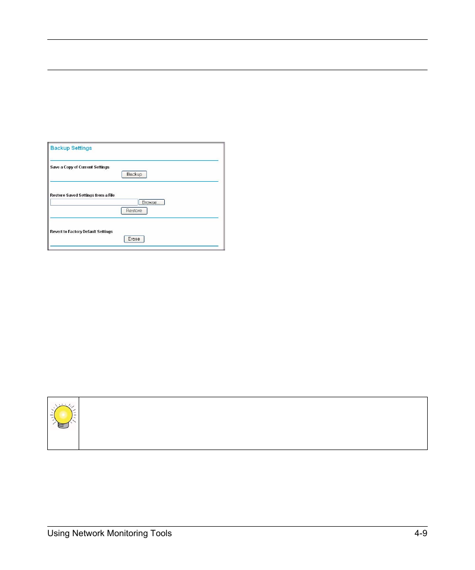 Managing the configuration file, Backing up and restoring the configuration, Managing the configuration file -9 | Backing up and restoring the configuration -9 | NETGEAR DGND3300 User Manual | Page 65 / 118