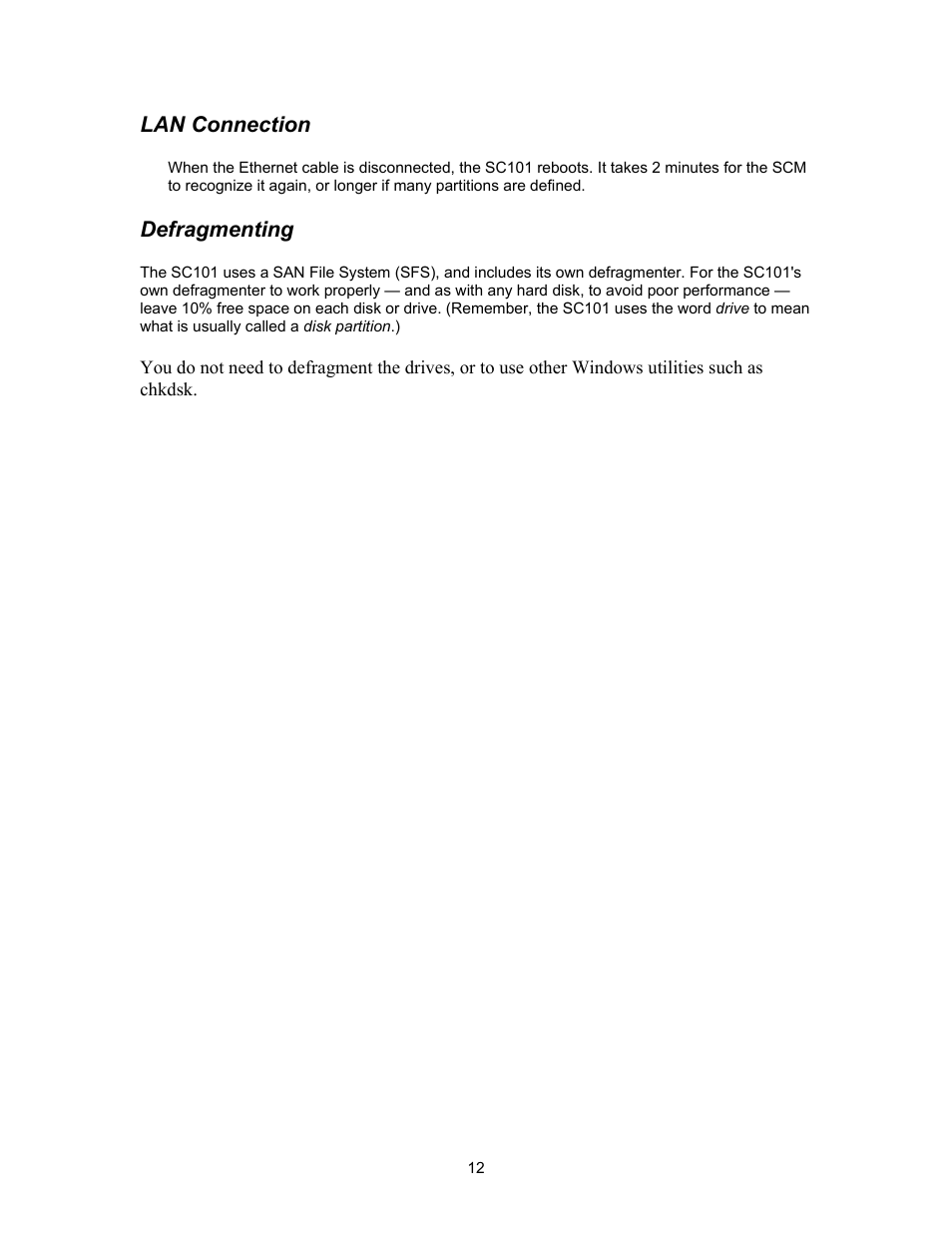 Lan connection, Defragmenting | NETGEAR SC101 User Manual | Page 12 / 29