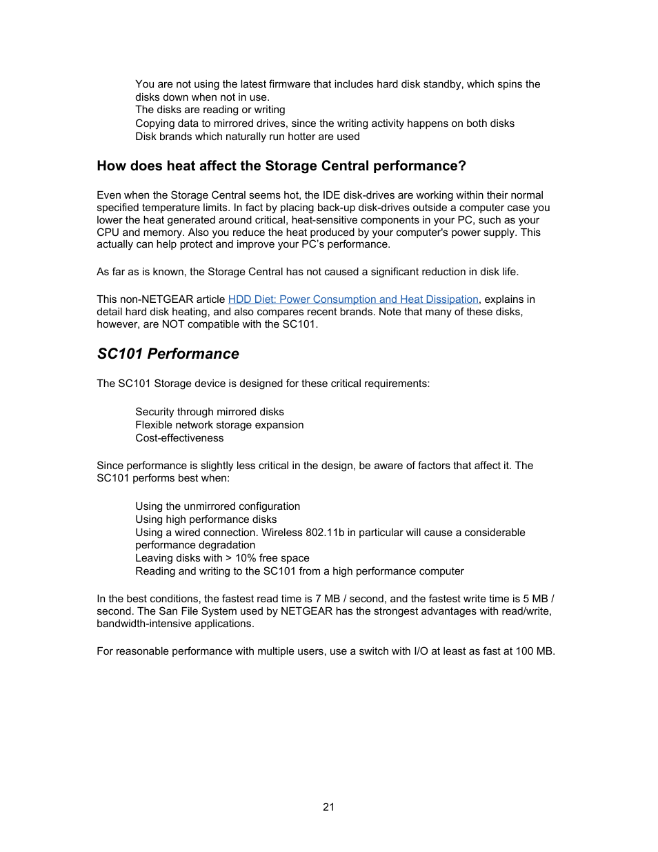 Sc101 performance | NETGEAR SC101 User Manual | Page 21 / 29