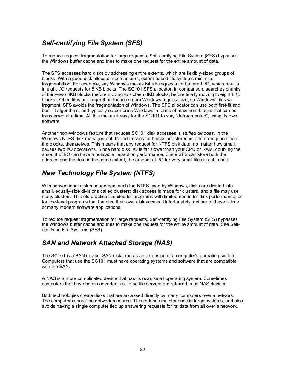 Self-certifying file system (sfs), New technology file system (ntfs), San and network attached storage (nas) | NETGEAR SC101 User Manual | Page 22 / 29