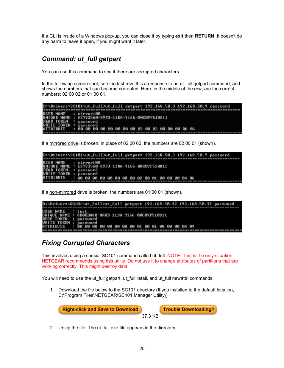 Command: ut_full getpart, Fixing corrupted characters | NETGEAR SC101 User Manual | Page 25 / 29