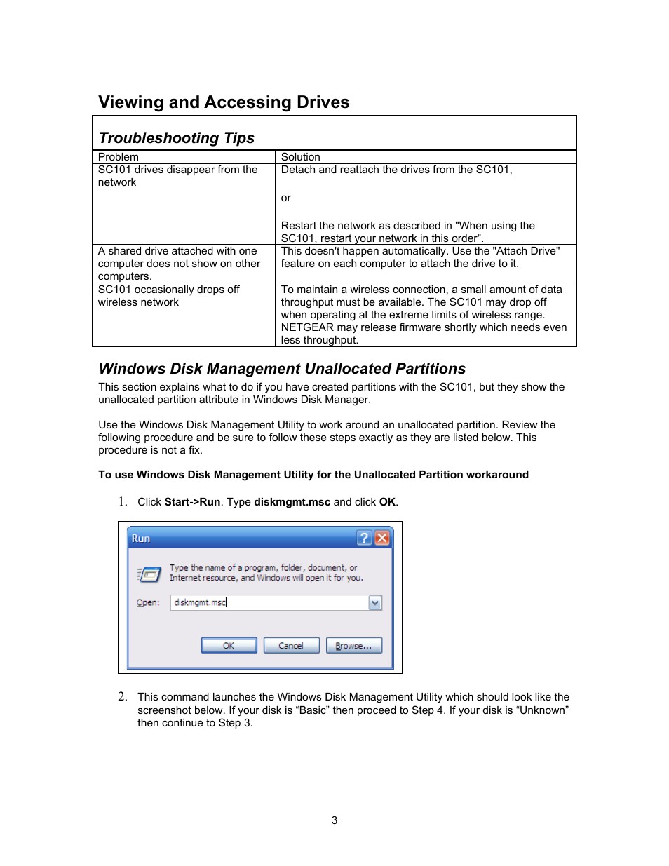 Viewing and accessing drives, Troubleshooting tips, Windows disk management unallocated partitions | NETGEAR SC101 User Manual | Page 3 / 29