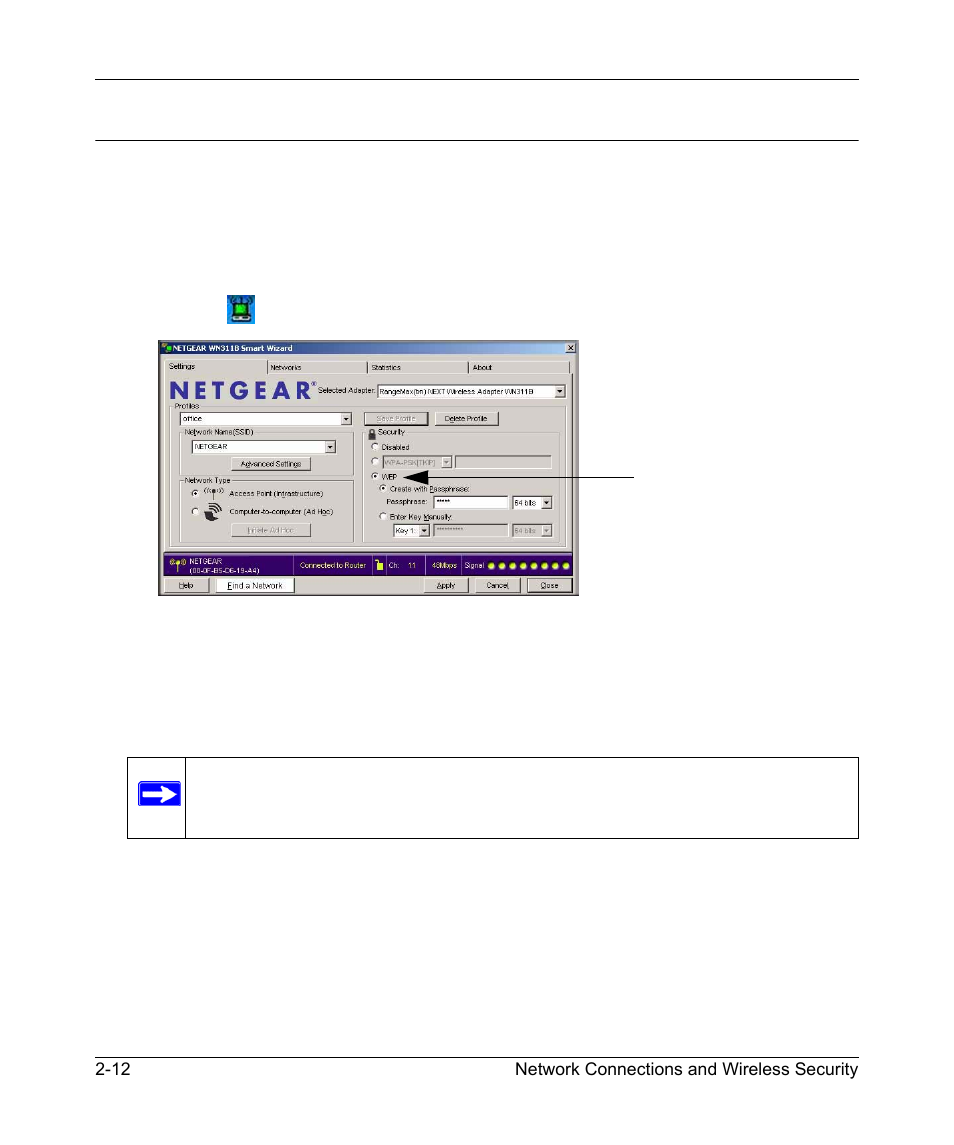 Setting up wep encryption security, Setting up wep encryption security -12 | NETGEAR RangeMax Next Wireless PCI Adapter WN311B User Manual | Page 34 / 54