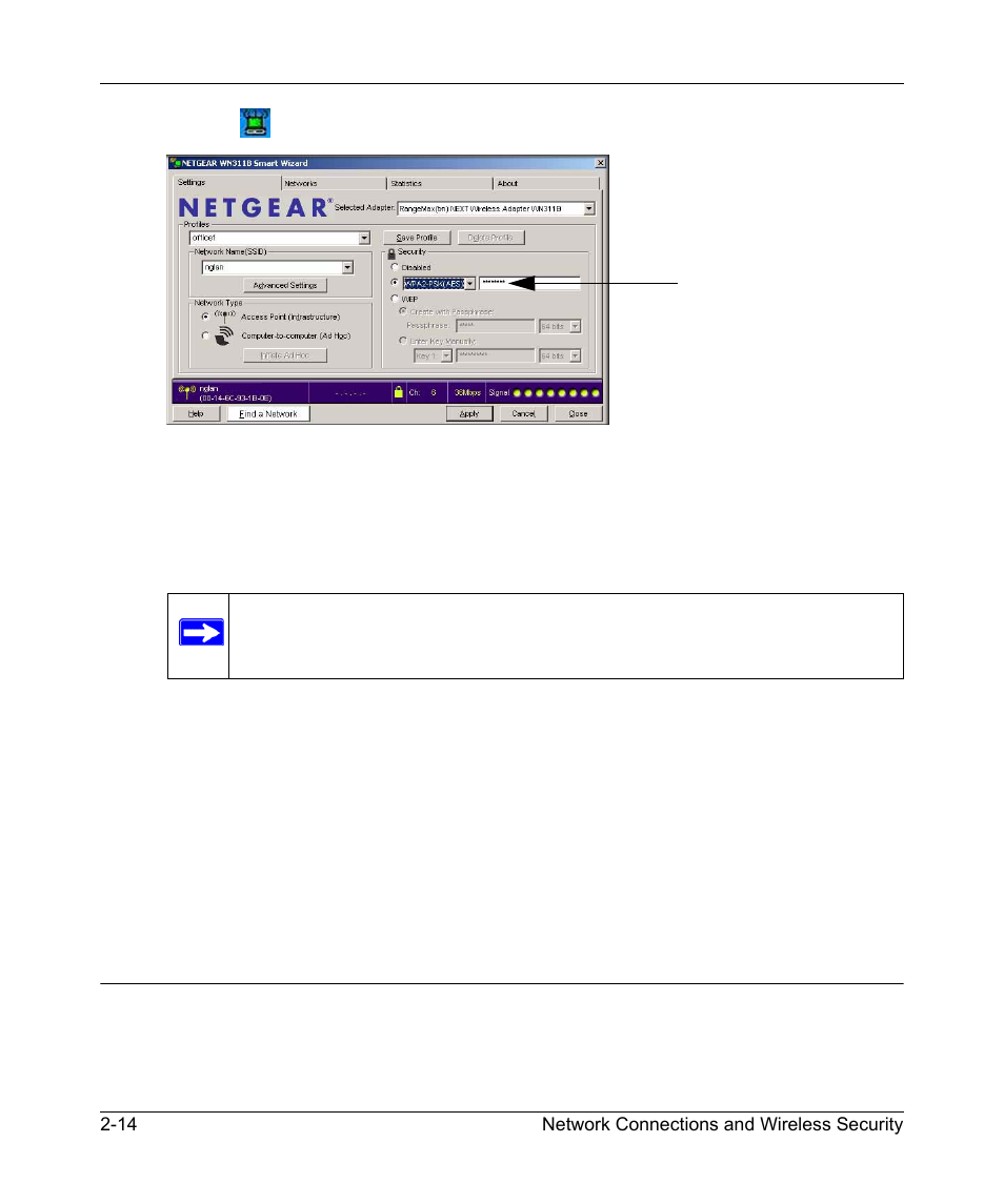 Setting up wpa-psk security, Setting up wpa-psk security -14 | NETGEAR RangeMax Next Wireless PCI Adapter WN311B User Manual | Page 36 / 54