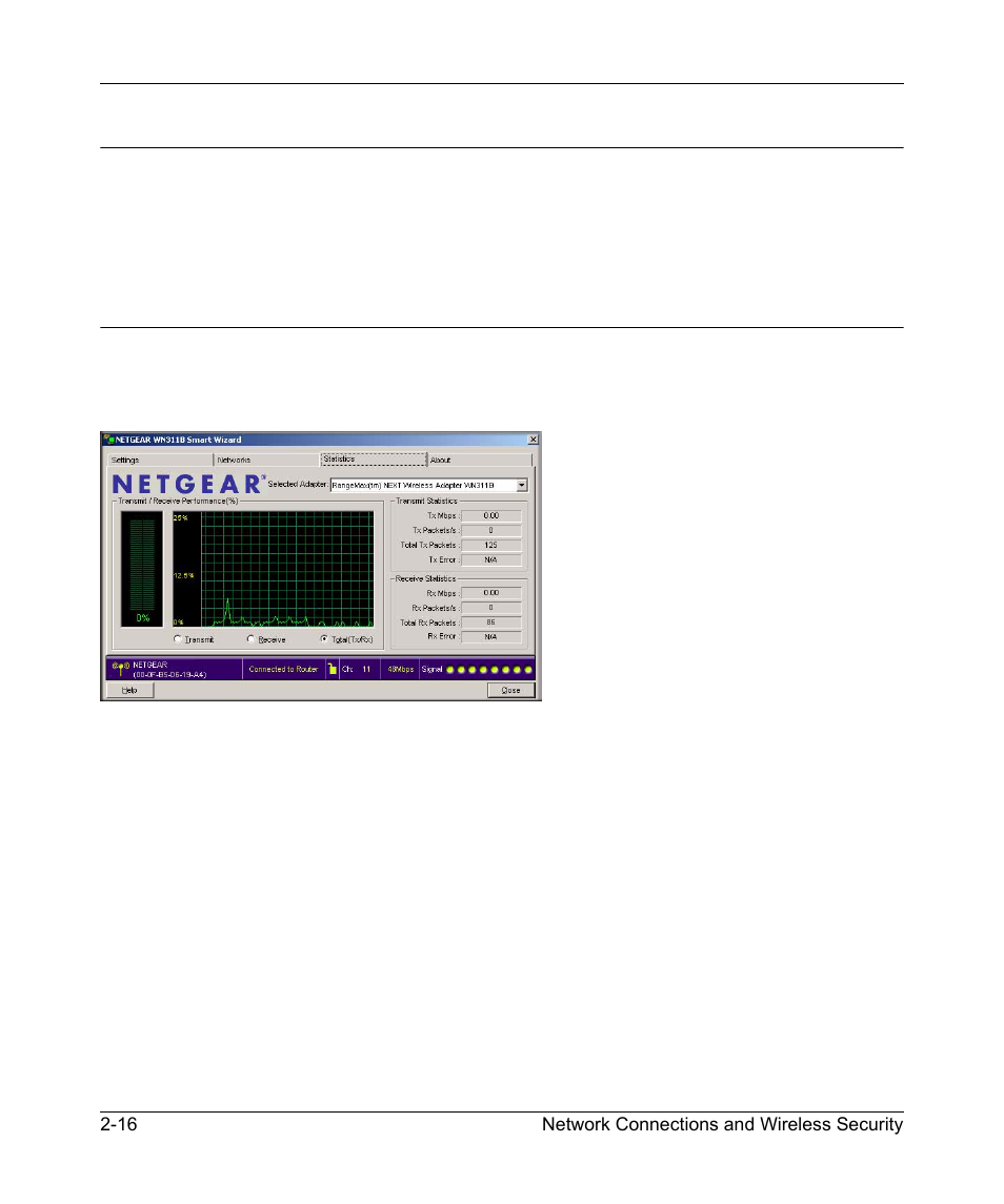 Advanced settings, Statistics page | NETGEAR RangeMax Next Wireless PCI Adapter WN311B User Manual | Page 38 / 54