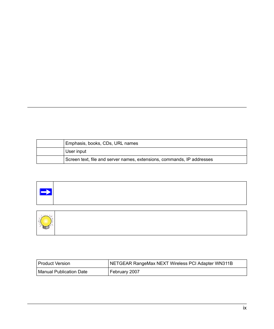 About this manual, Conventions, formats and scope | NETGEAR RangeMax Next Wireless PCI Adapter WN311B User Manual | Page 9 / 54