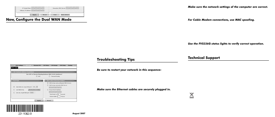Now, configure the dual wan mode, Troubleshooting tips, Technical support | NETGEAR FVS336G User Manual | Page 2 / 2