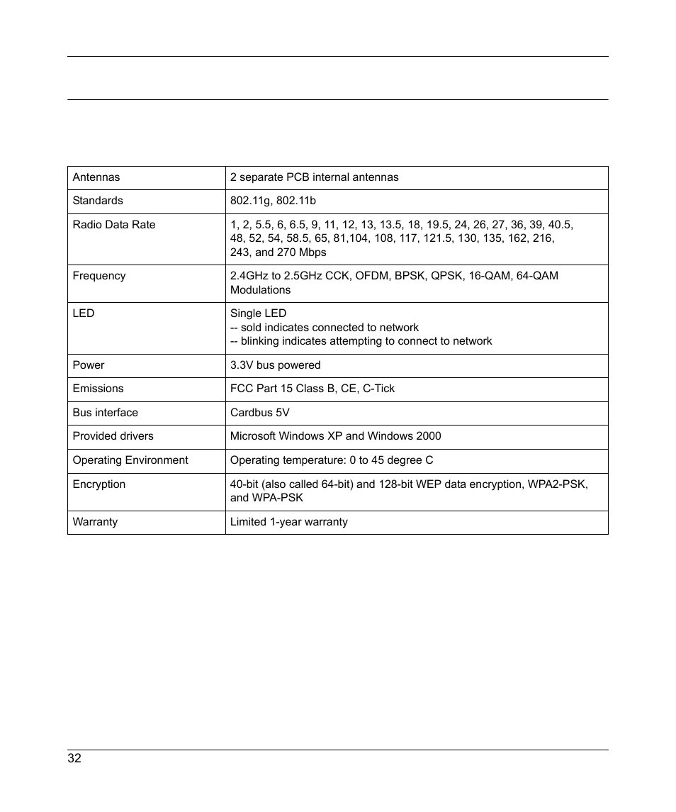 Technical specifications | NETGEAR RangeMax Next Wireless Notebook Adapter WN511B User Manual | Page 40 / 42