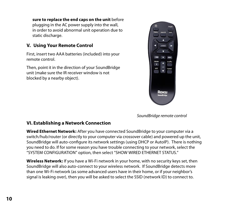 V. using your remote control, Vi. establishing a network connection | NETGEAR Music Player User Manual | Page 12 / 70