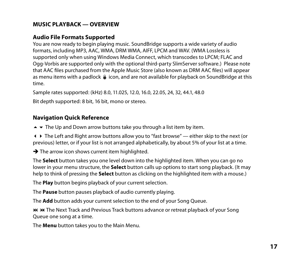 Music playback — overview, Audio file formats supported, Navigation quick reference | NETGEAR Music Player User Manual | Page 19 / 70