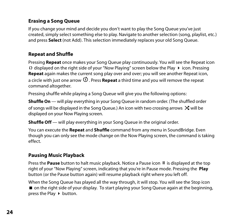 Erasing a song queue, Repeat and shuffle, Pausing music playback | NETGEAR Music Player User Manual | Page 26 / 70