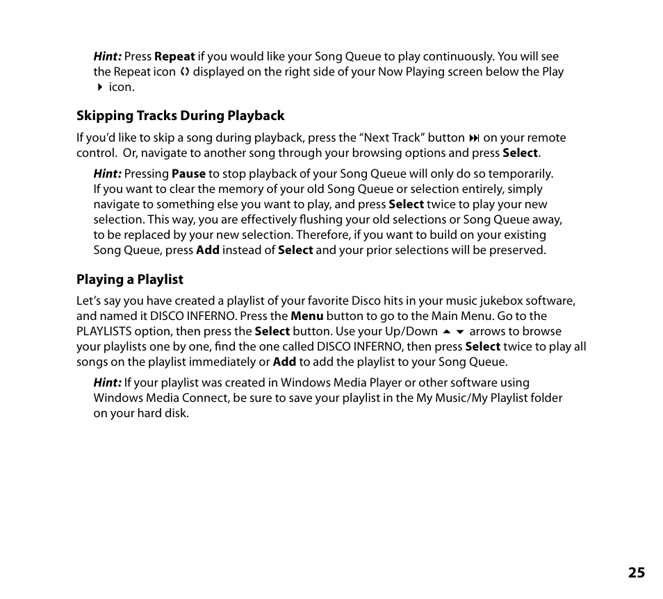 Skipping tracks during playback, Playing a playlist, Skipping tracks during playback playing a playlist | NETGEAR Music Player User Manual | Page 27 / 70