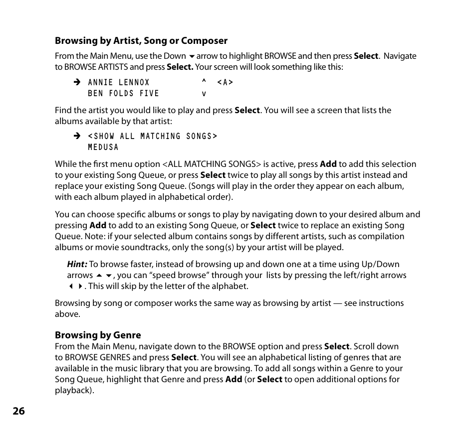 Browsing by artist, song or composer, Browsing by genre | NETGEAR Music Player User Manual | Page 28 / 70