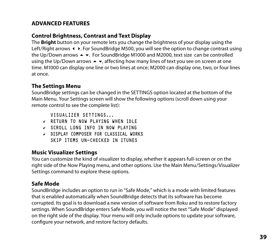 Advanced features, Control brightness, contrast and text display, The settings menu | Music visualizer settings, Safe mode | NETGEAR Music Player User Manual | Page 41 / 70