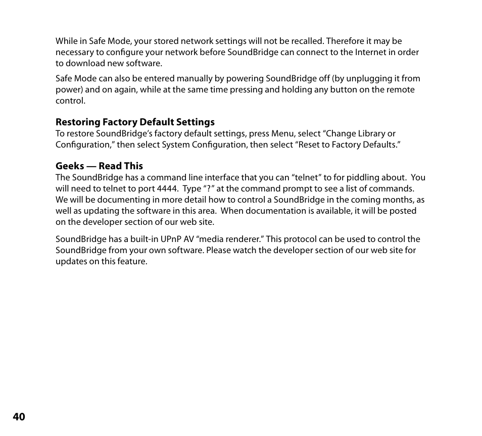 Restoring factory default settings, Geeks — read this | NETGEAR Music Player User Manual | Page 42 / 70