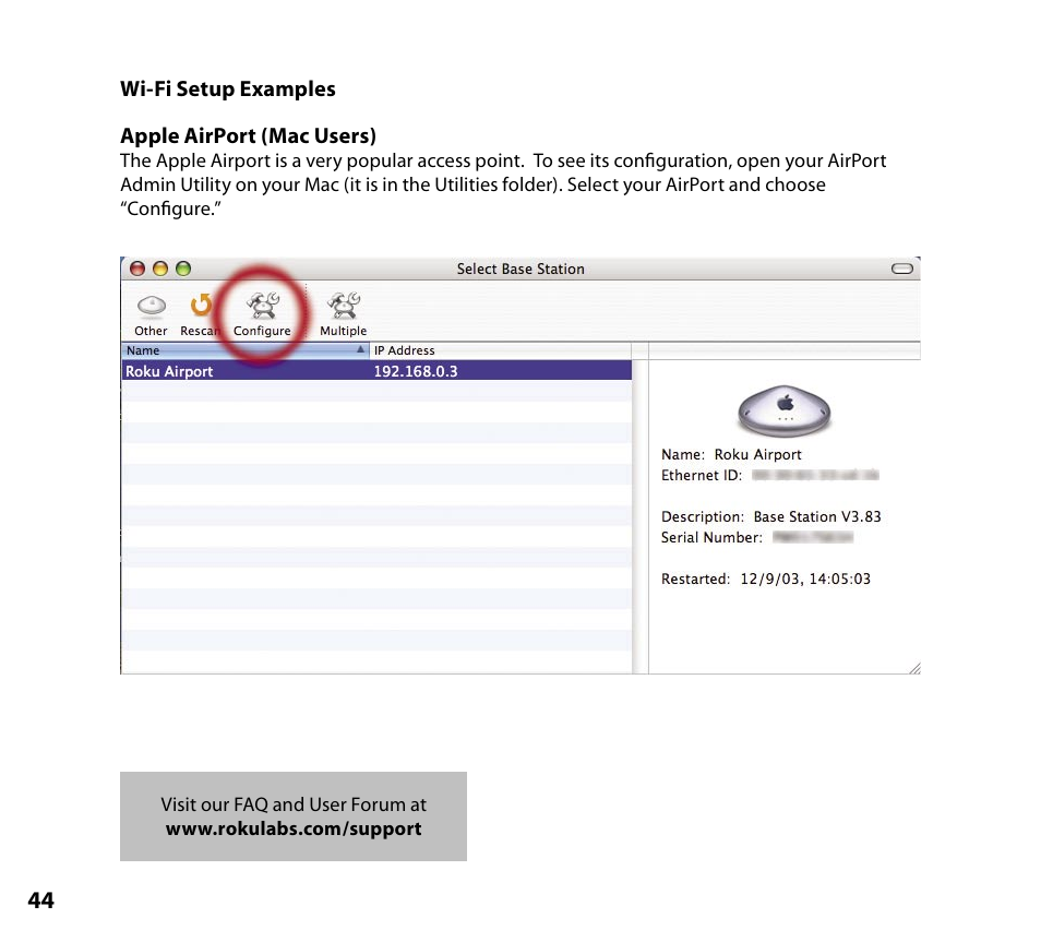 Wi-fi setup examples, Apple airport (mac users) | NETGEAR Music Player User Manual | Page 46 / 70