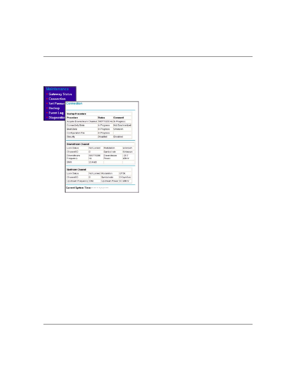 Viewing connection status, Current system time, Mta status | Viewing connection status -3, Current system time -3, Mta status -3 | NETGEAR CVG824G User Manual | Page 55 / 80