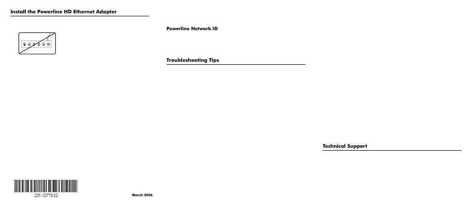 Install the powerline hd ethernet adapter, Troubleshooting tips, Technical support | Powerline network id | NETGEAR Powerline HD Ethernet Adapter HDX101 User Manual | Page 2 / 2