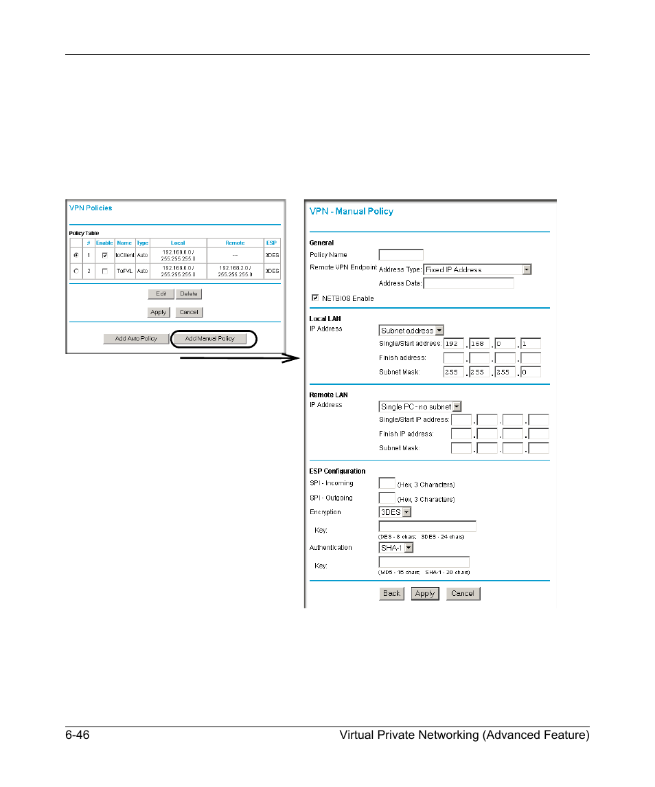Using manual policy to configure vpn tunnels, Using manual policy to configure vpn tunnels -46, Manual | NETGEAR ADSL Modem Router DG834 v3 User Manual | Page 120 / 168