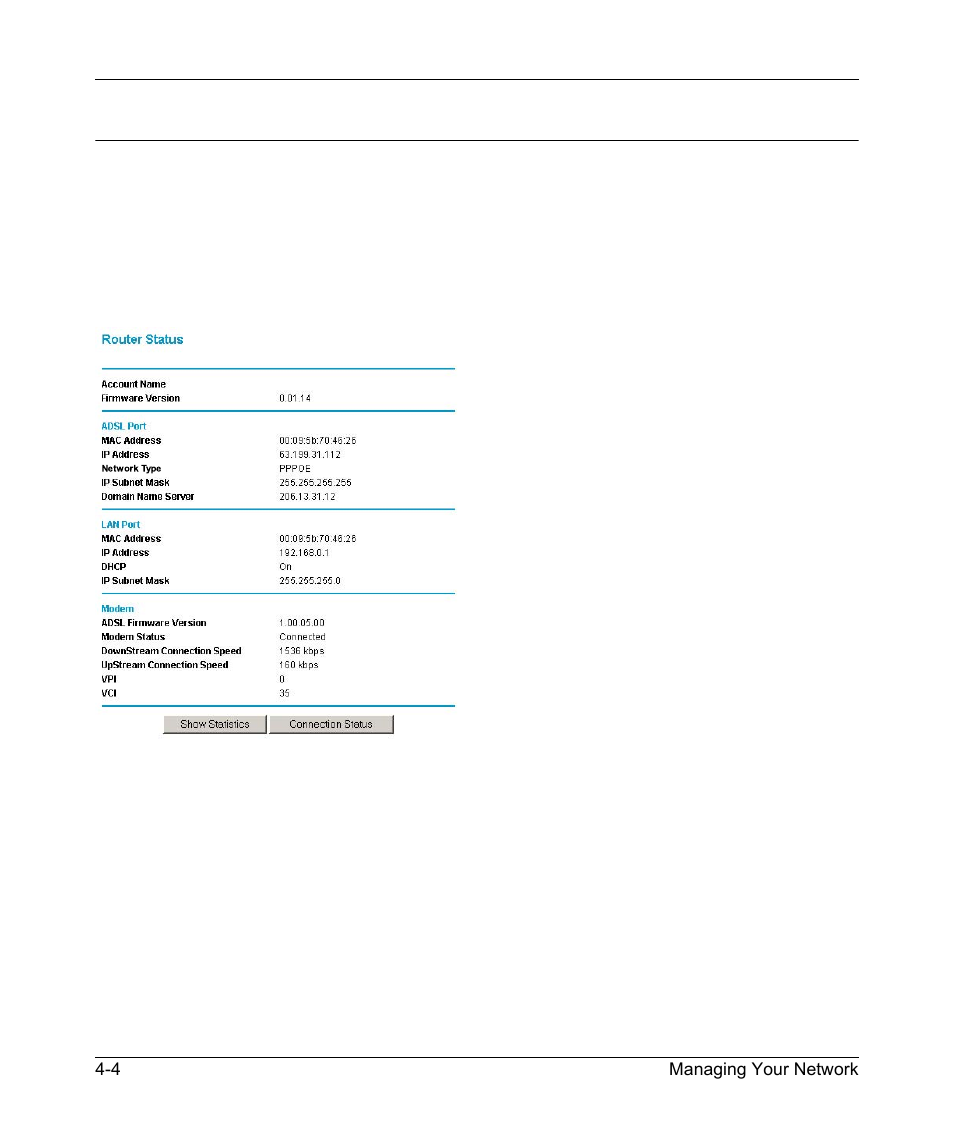 Network management information, Viewing modem router status and usage statistics, Network management information -4 | NETGEAR ADSL Modem Router DG834 v3 User Manual | Page 48 / 168