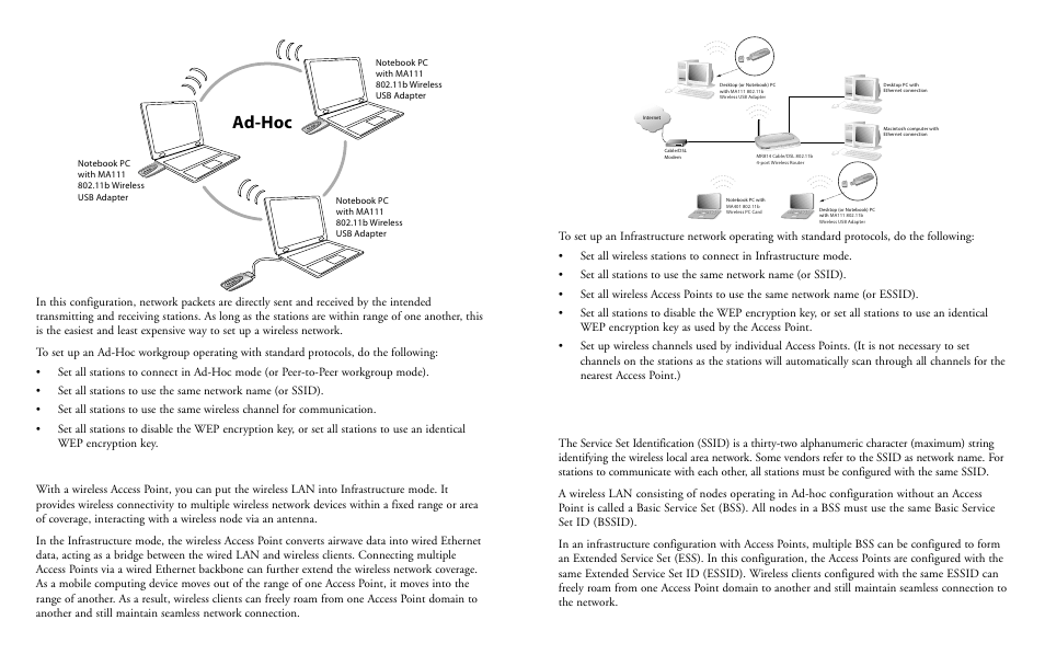 Ad-hoc, Service set identification (ssid), Infrastructure mode | NETGEAR 2.4 GHz MA111 User Manual | Page 11 / 15