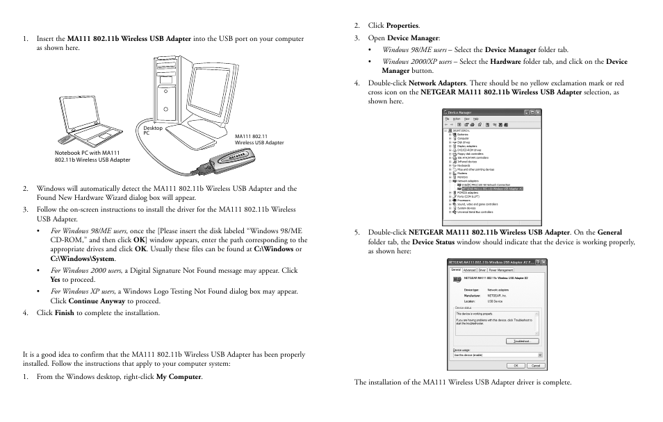 Install the ma111 wireless usb adapter, Verify the driver installation | NETGEAR 2.4 GHz MA111 User Manual | Page 4 / 15