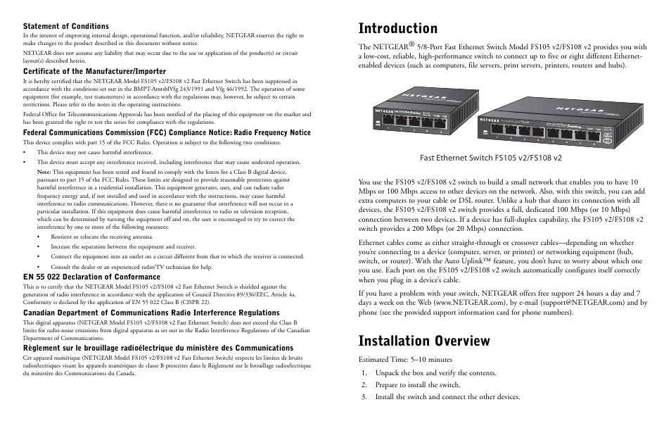 Introduction, Installation overview, Statement of conditions | Certificate of the manufacturer/importer | NETGEAR FS108 V2 User Manual | Page 2 / 4