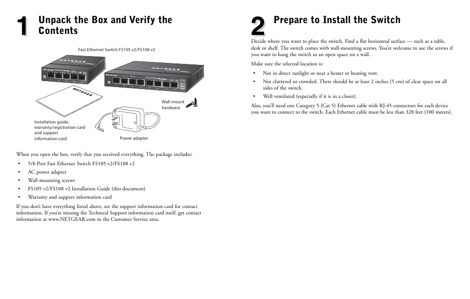 Unpack the box and verify the contents, Prepare to install the switch | NETGEAR FS108 V2 User Manual | Page 3 / 4