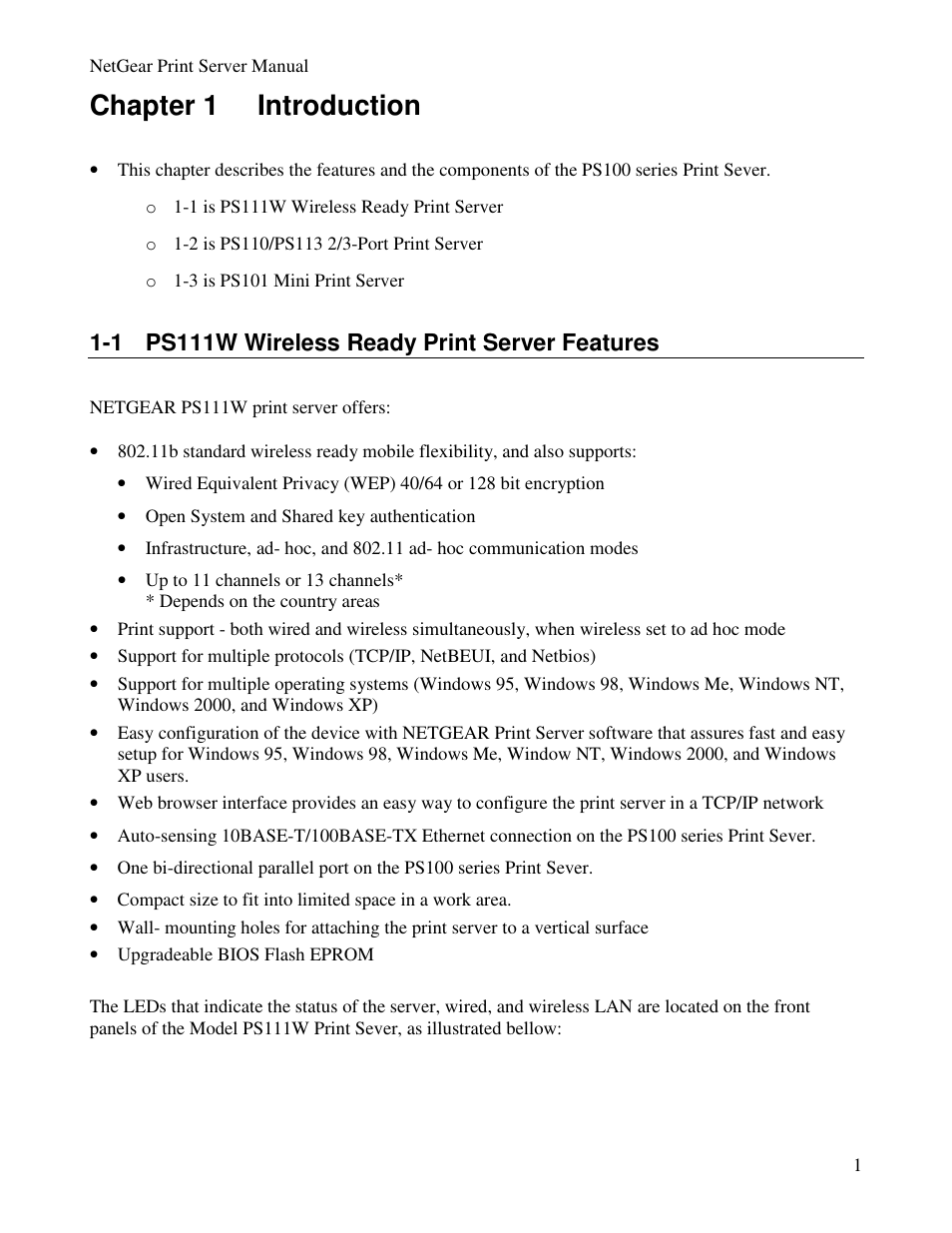 Chapter 1 introduction, 1 ps111w wireless ready print server features | NETGEAR PS100 User Manual | Page 10 / 142