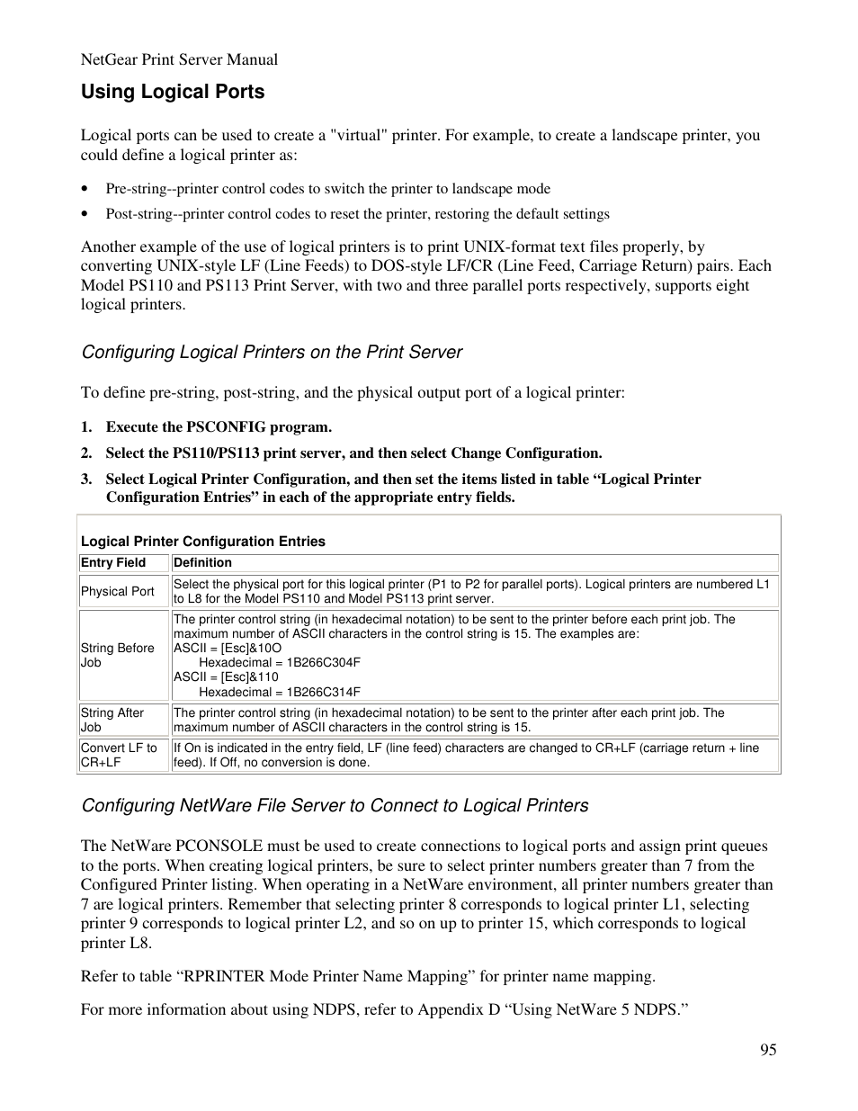 Using logical ports, Configuring logical printers on the print server | NETGEAR PS100 User Manual | Page 104 / 142