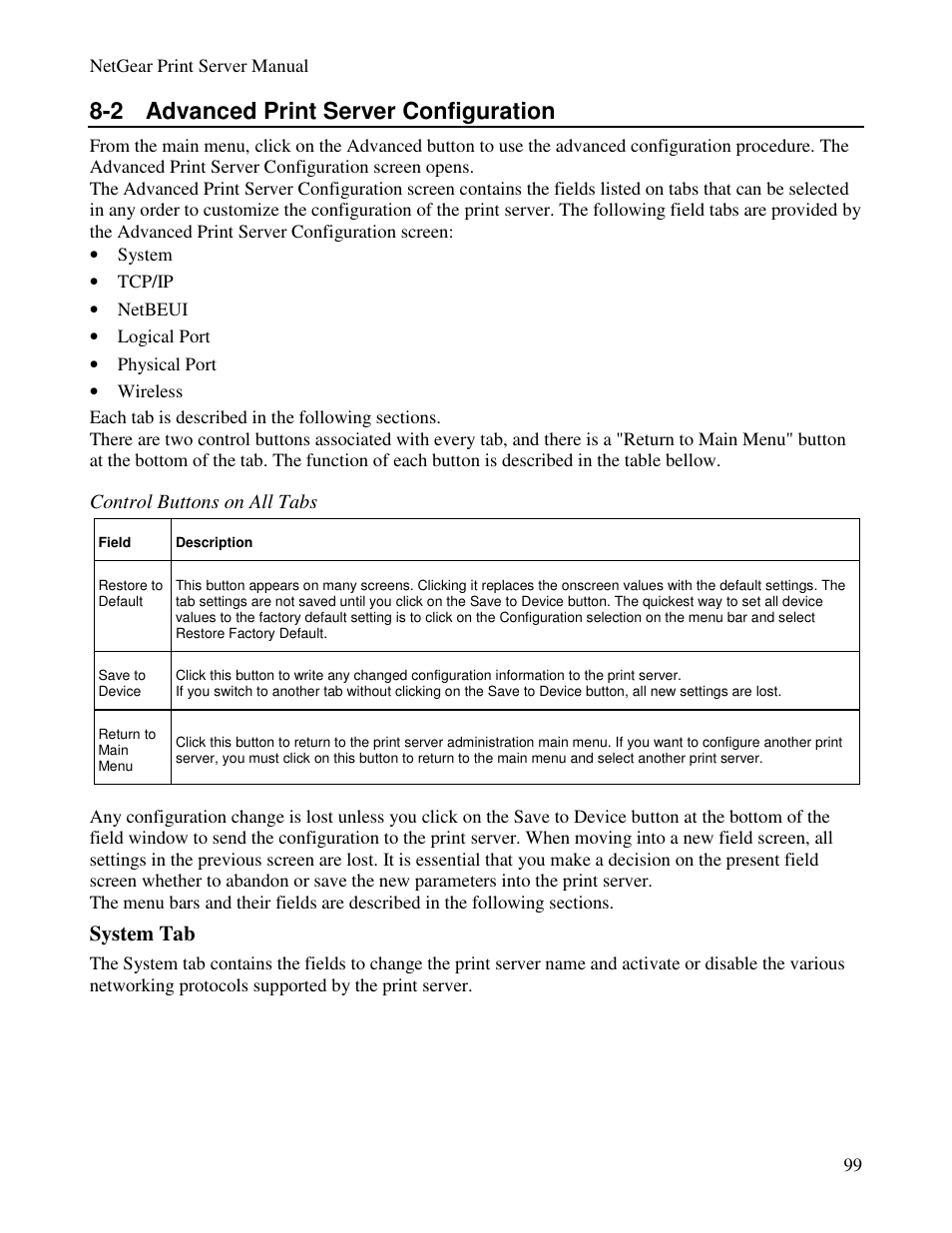 2 advanced print server configuration, System tab, Control buttons on all tabs | NETGEAR PS100 User Manual | Page 108 / 142