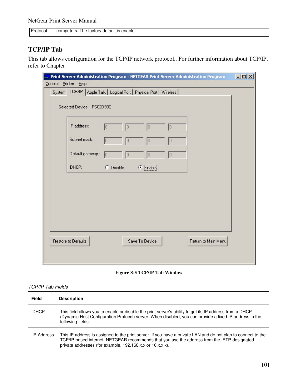 Tcp/ip tab | NETGEAR PS100 User Manual | Page 110 / 142