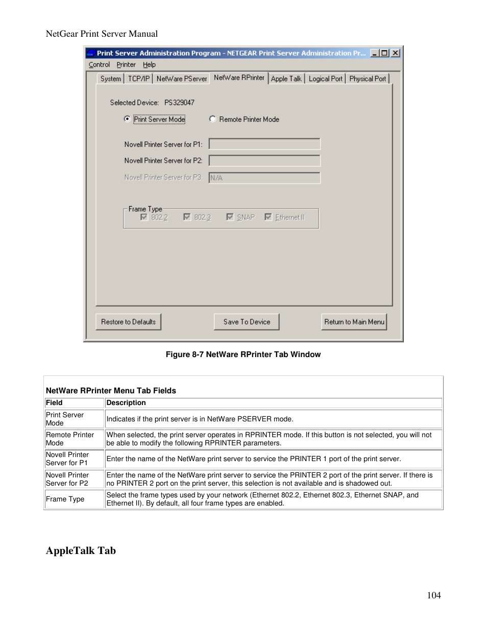 Appletalk tab | NETGEAR PS100 User Manual | Page 113 / 142