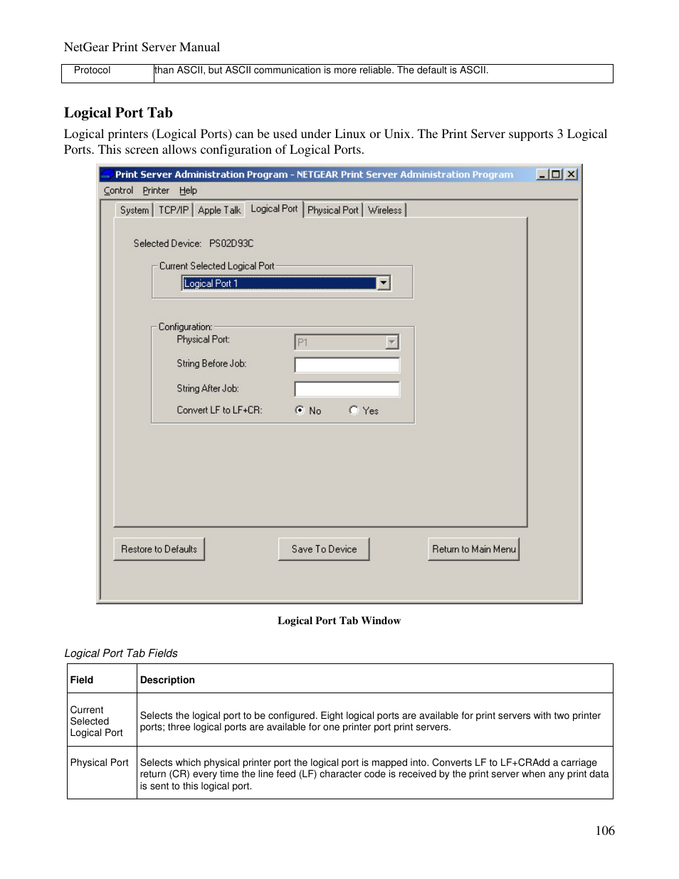 Logical port tab | NETGEAR PS100 User Manual | Page 115 / 142