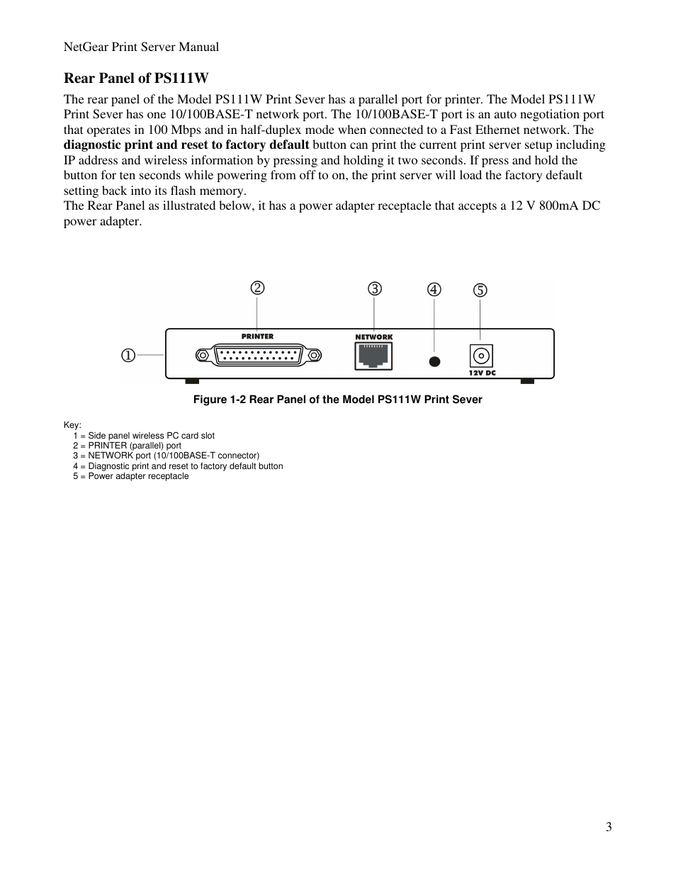 Rear panel of ps111w | NETGEAR PS100 User Manual | Page 12 / 142