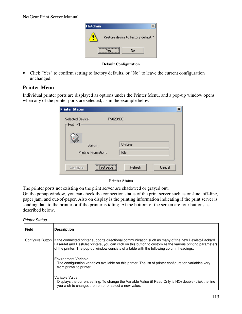 Printer menu | NETGEAR PS100 User Manual | Page 122 / 142