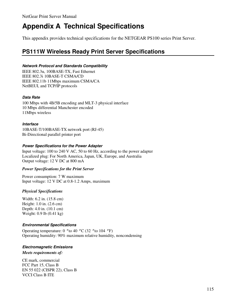 Appendix a technical specifications, Ps111w wireless ready print server specifications | NETGEAR PS100 User Manual | Page 124 / 142