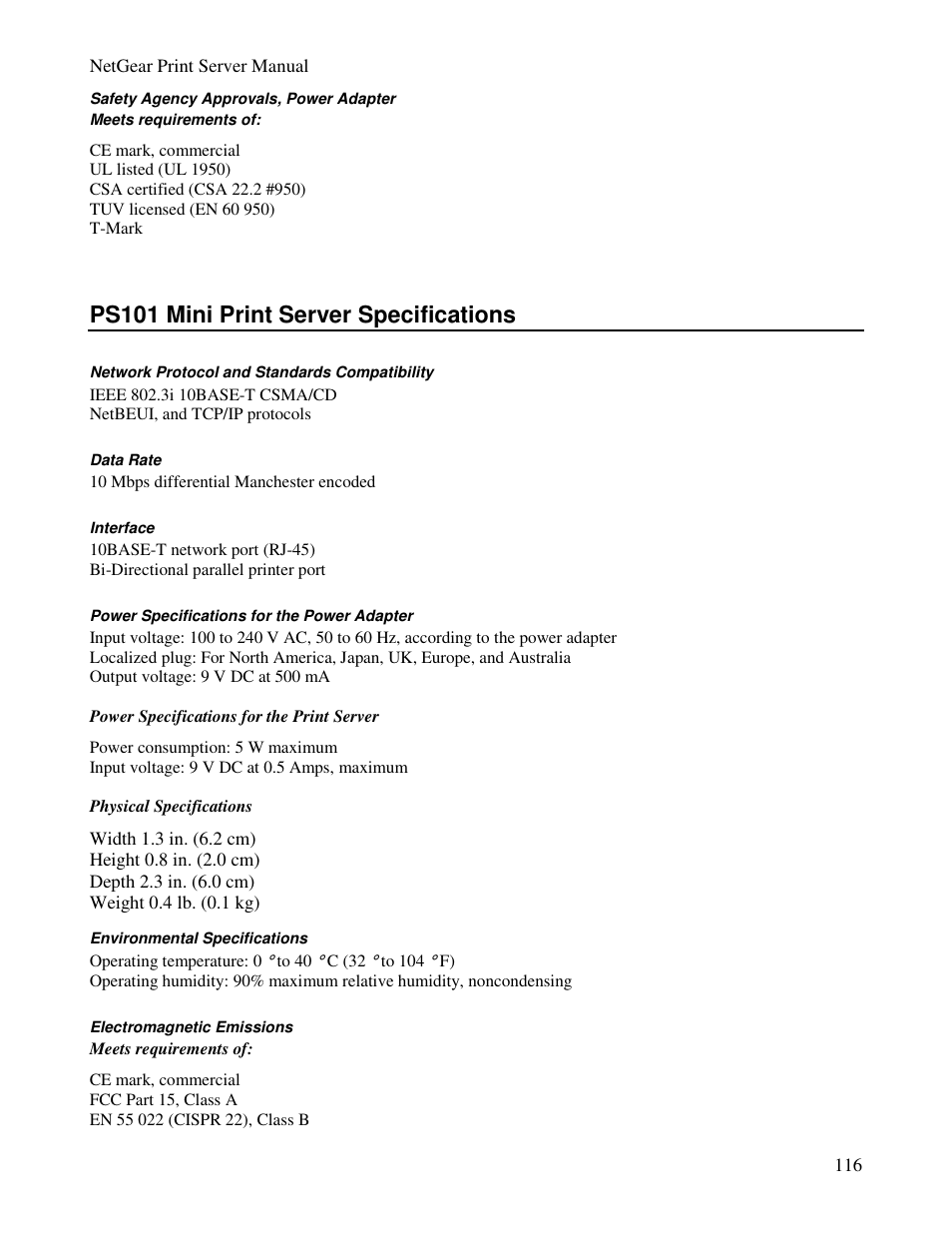 Ps101 mini print server specifications | NETGEAR PS100 User Manual | Page 125 / 142