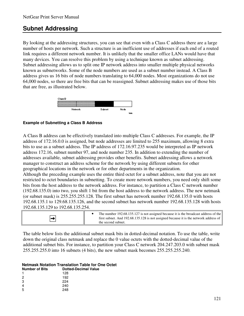Subnet addressing | NETGEAR PS100 User Manual | Page 130 / 142